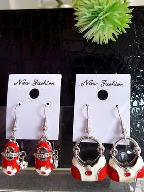 LOT X2🔥Red Enamel Handbag and Shoe Dangle Earrings
